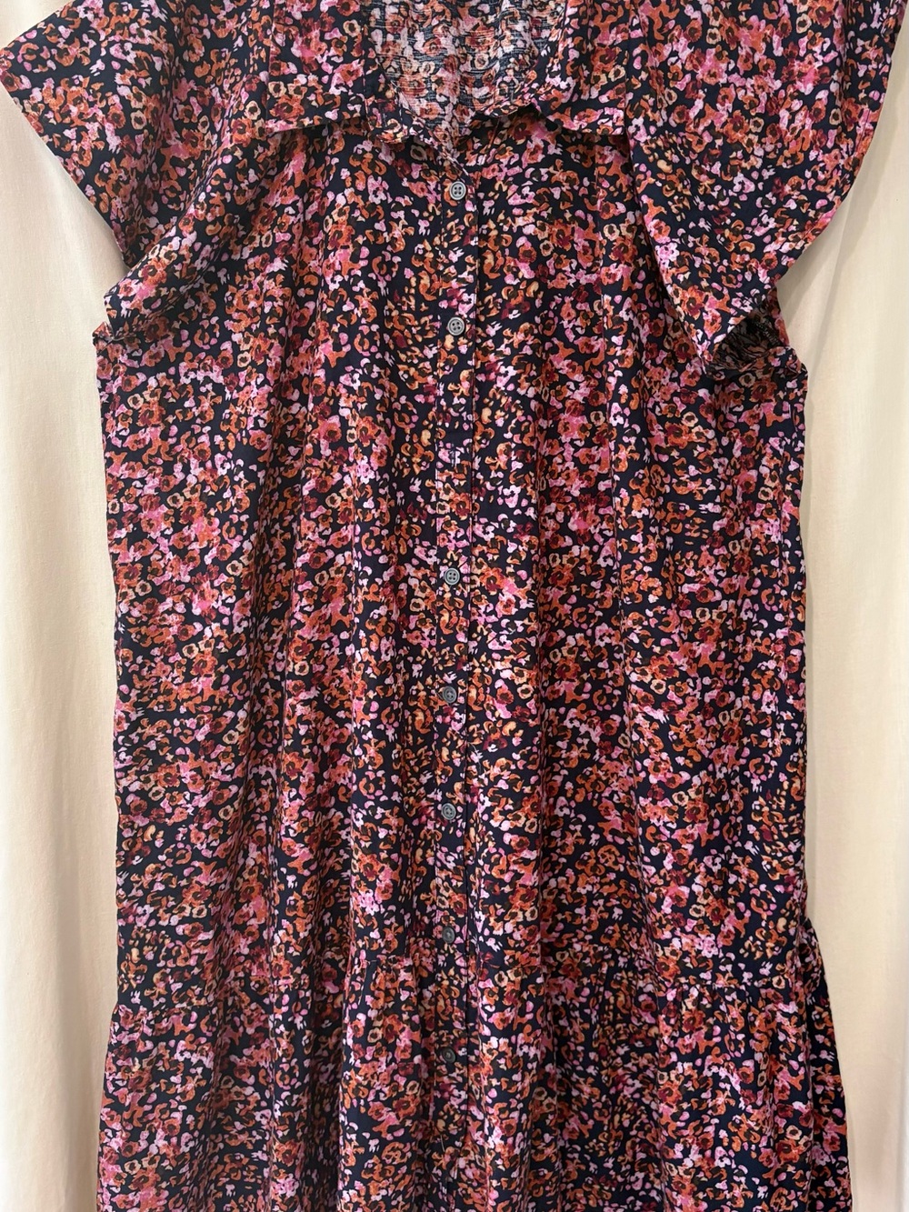 Floral Button-Front Women's Dress in Pinksand Black.